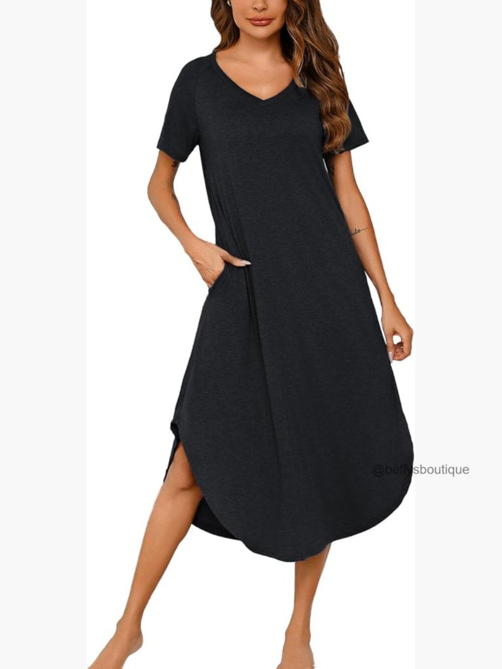 Short Sleeve V-Neck Cotton Nightgown with Pockets, Soft Sleepwear